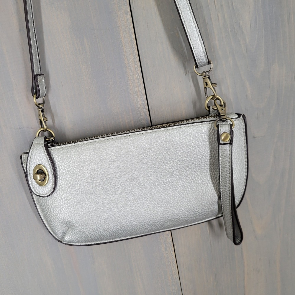 Joy Susan Crossbody Bag Silver Metallic Pebbled Faux Leather Wristlet